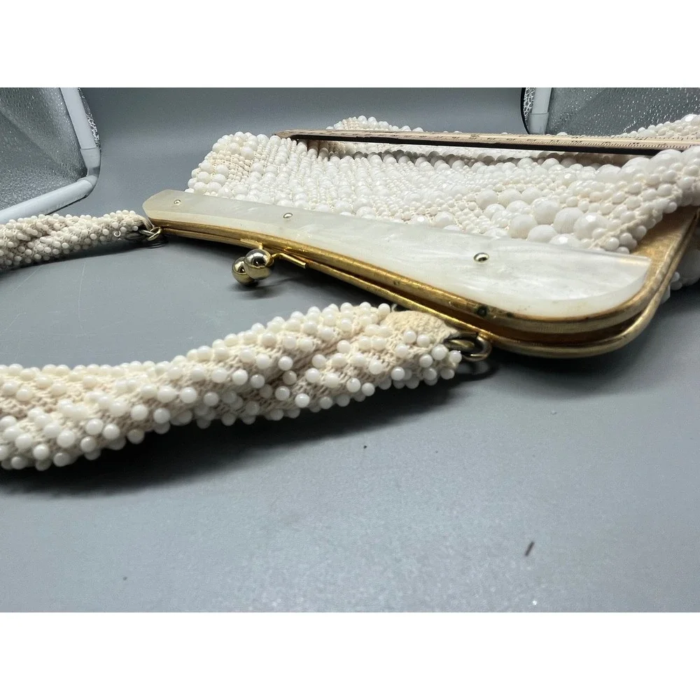 Vintage Beaded Off White Handbag‎ Hong Kong Pearlized Lucite Trim 1960s